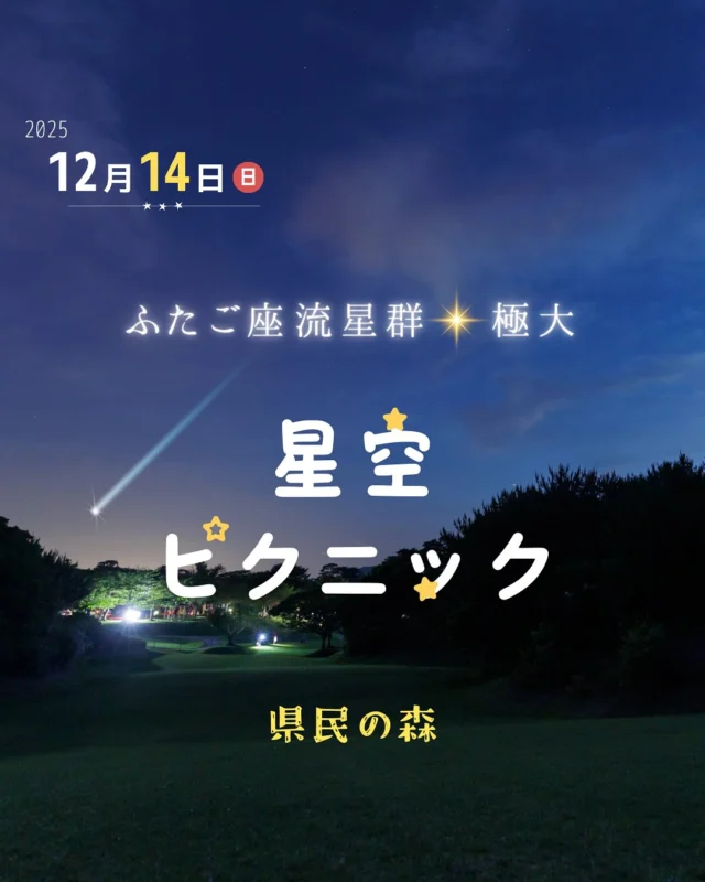 ⏪星の専門店星あそびです🧑🏻‍🚀𖤐 ⎯⎯⎯⎯⎯⎯⎯2025年12月14日(日)✵꙳⋆ 県民の森 ⋆꙳✵ ⎯⎯⎯⎯⎯⎯⎯⎯ 𖤐夏のペルセウス座流星群に続き冬のふたご座流星群✮ピークの夜は、恩納村の県民の森で💫@theforestokinawa ⁡駐車場から会場まで歩いている間もどんな星空が待っているんだろうと、わくわくが止まらないはず🫶🏻⁡温かい飲み物を飲みながら☕️ブランケットに包まって寒さを口実に くっつきながら冬の流星群を楽しみませんか𖤐✵꙳⋆⁡流星群を見に出かけたことは、きっと忘れられない思い出になるはず☺️𓂃𓂃𓂃𓂃𓂃𓂃𓂃𓂃𓂃𓂃𓂃𓂃🔭星の専門店 星あそび 沖縄本島で星のイベント開催中！▸▸▸ @hoshi_asobi ◂◂◂イベントの詳細はHPより𓂃𓂃𓂃𓂃𓂃𓂃𓂃𓂃𓂃𓂃𓂃𓂃