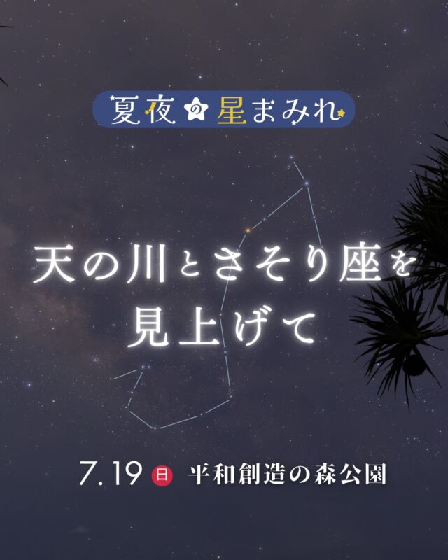 ⏪星の専門店星あそびです🧑🏻‍🚀𖤐 ⎯⎯⎯⎯⎯⎯⎯⎯⎯⎯⎯2026年7月19日(日) ✵꙳⋆ 平和創造の森公園 📍糸満市⋆꙳✵ ⎯⎯⎯⎯⎯⎯⎯⎯⎯⎯⎯ 𖤐沖縄本島の最南にある糸満市。⁡その中でも海に面したこの公園では、南の星座を見るのが最高なんです🤩🙌🏻⁡本州よりも高く昇るさそり座🦂力強く輝くその姿を見上げられるのは沖縄ならではかもしれません☺️⁡夏休みのはじまりは、天の川とさそり座に会いに出かけませんか🌌𓂃𓂃𓂃𓂃𓂃𓂃𓂃𓂃𓂃𓂃𓂃𓂃🔭星の専門店 星あそび 沖縄本島で星のイベント開催中！▸▸▸ @hoshi_asobi ◂◂◂イベントの詳細はHPより𓂃𓂃𓂃𓂃𓂃𓂃𓂃𓂃𓂃𓂃𓂃𓂃